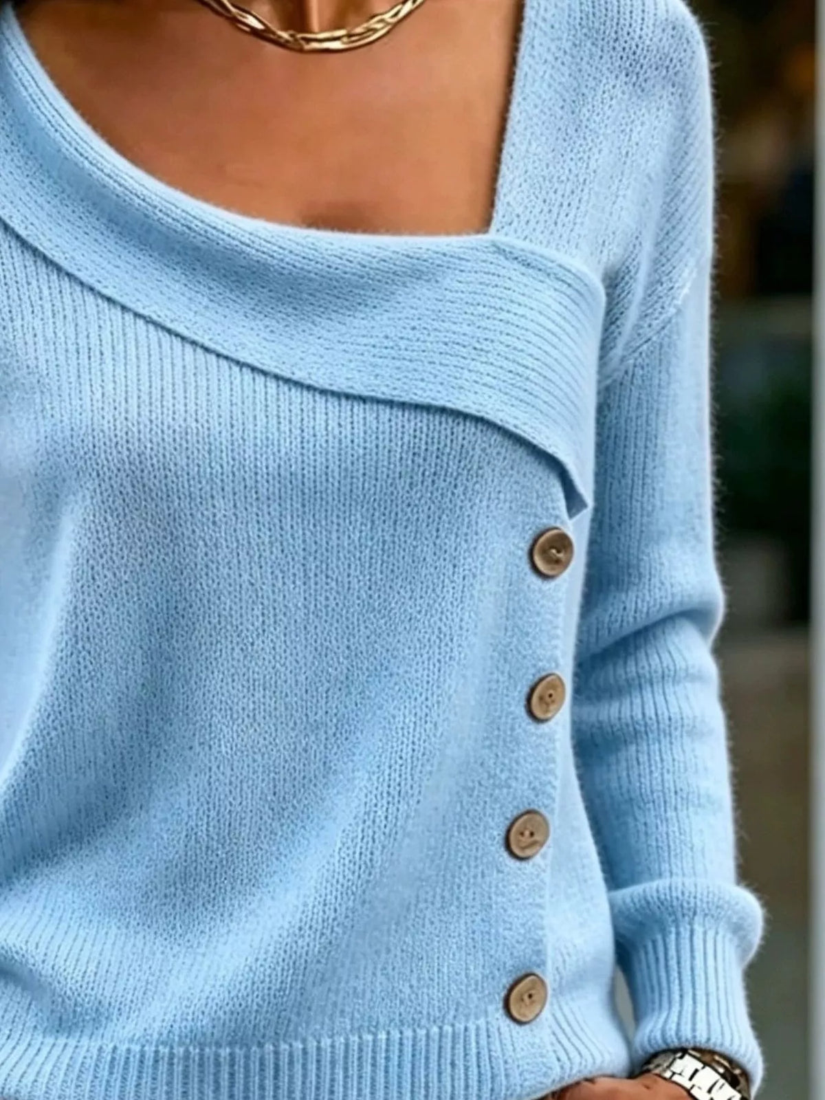 Asymmetric Neckline Button-Decorated Sweater