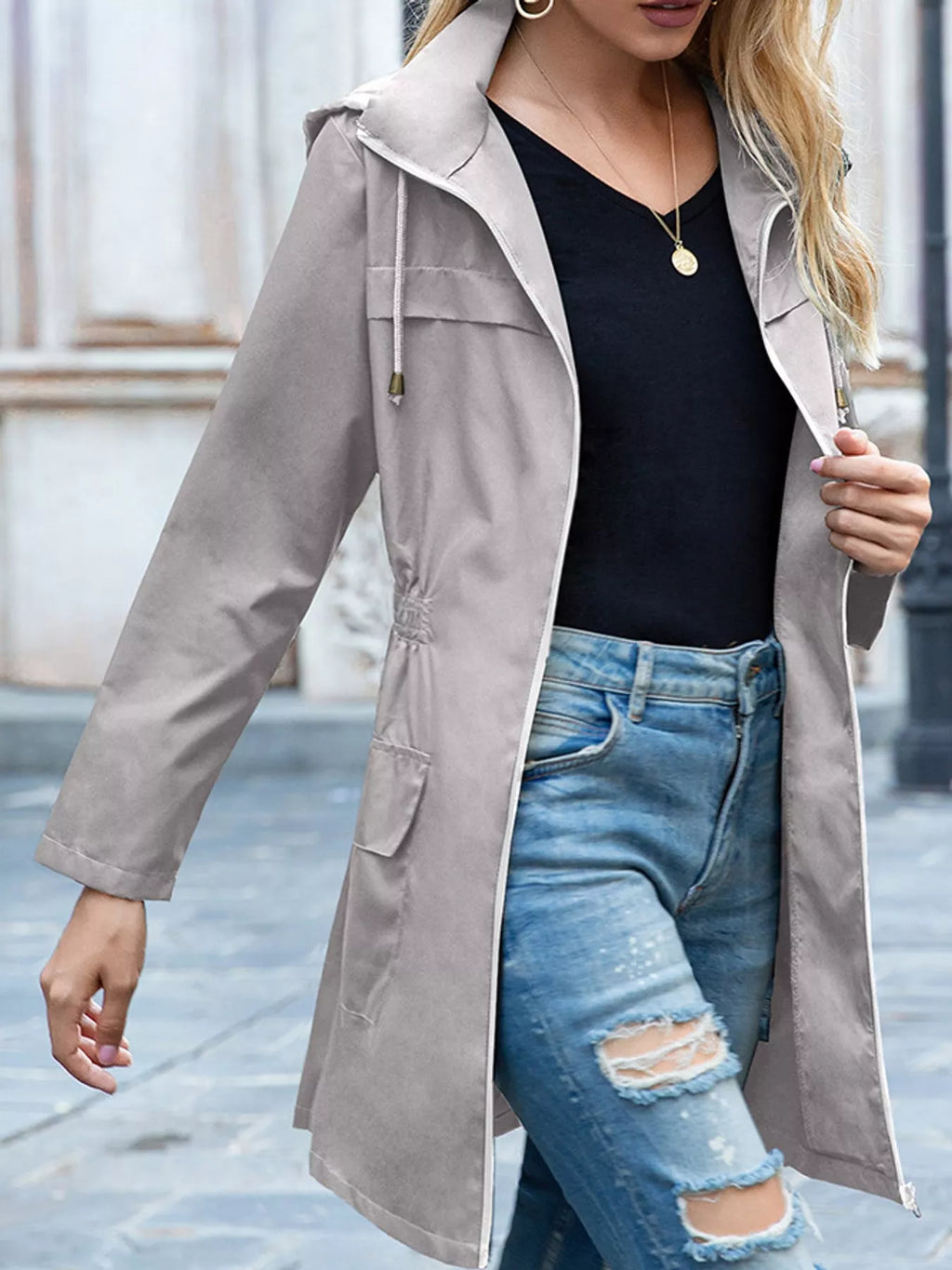 Zip Up Drawstring Waist Hooded Jacket