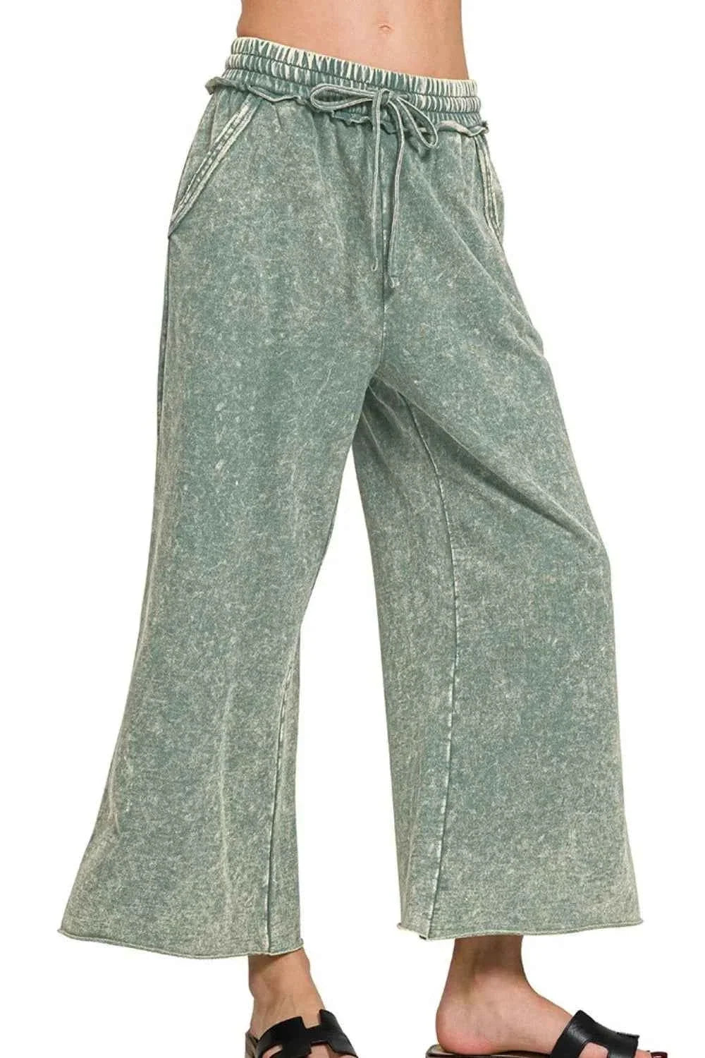 Washed French Terry Wide Leg Palazzo Pants with Pockets