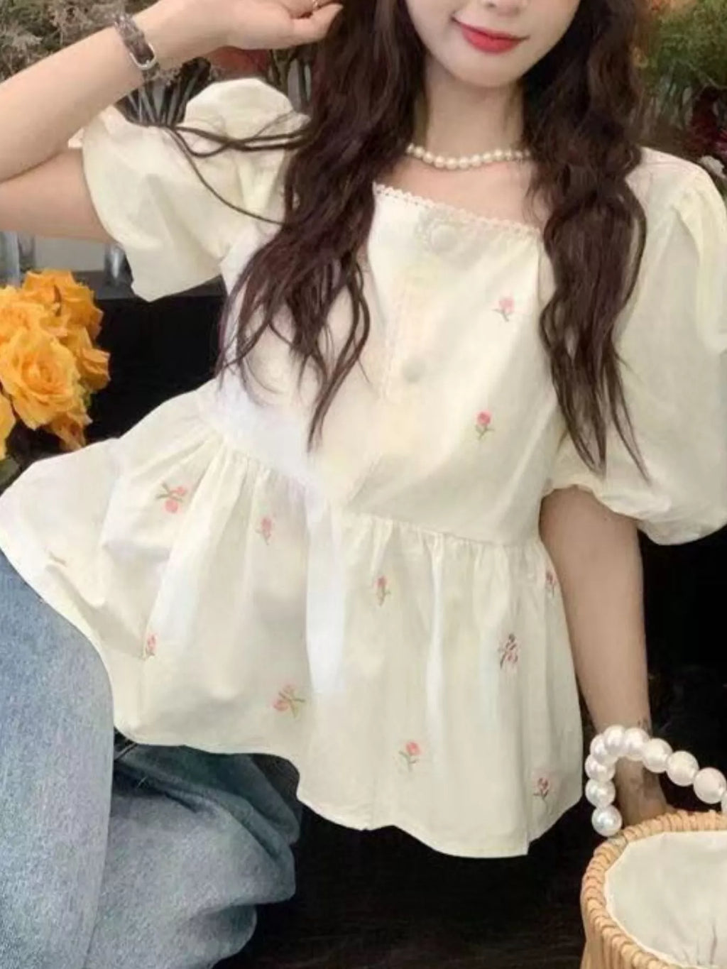 Floral Embroidered Puff Sleeve Peplum Blouse