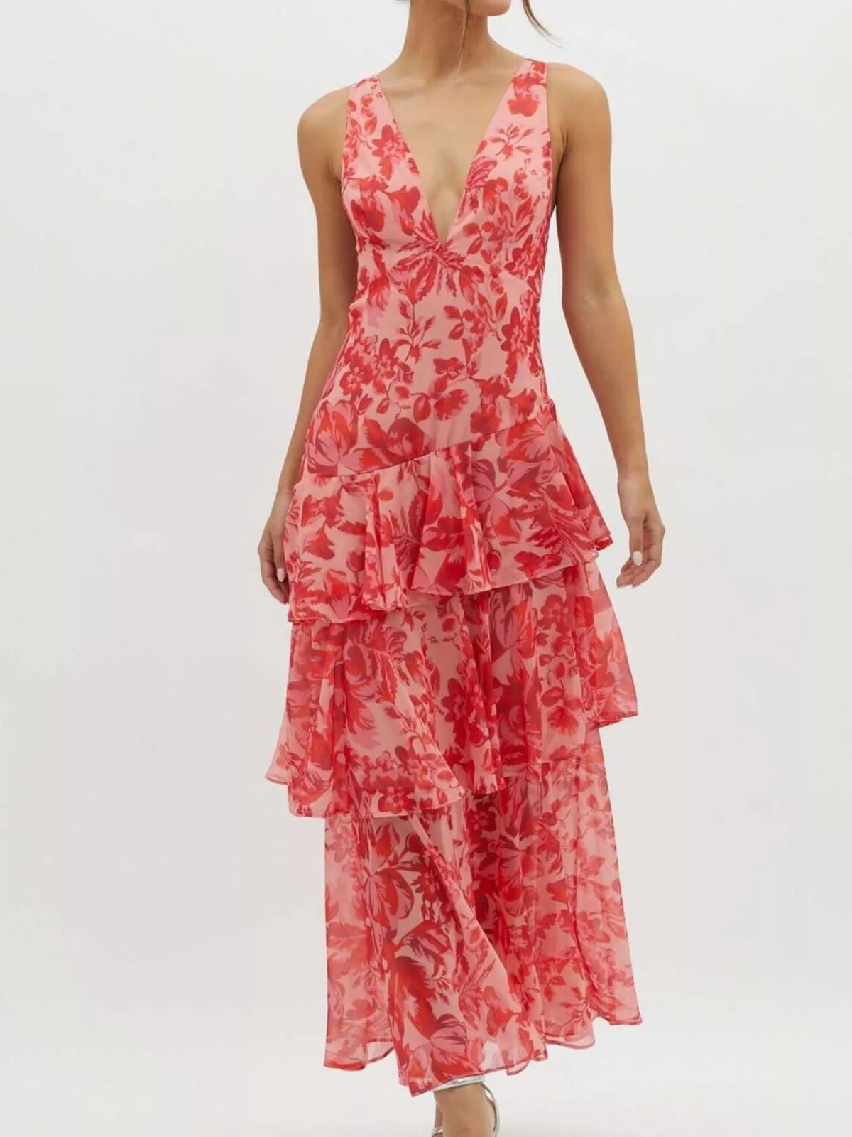 V-Neck Sleeveless Floral Print Layered Ruffle Maxi Dress