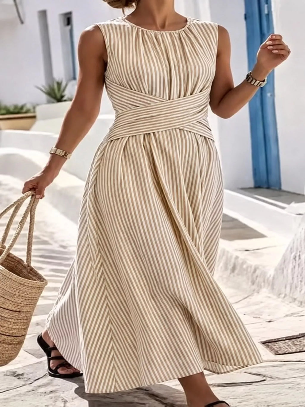 Full Size Sleeveless Striped Maxi Dress with Criss-Cross Waist Detail Plus Size