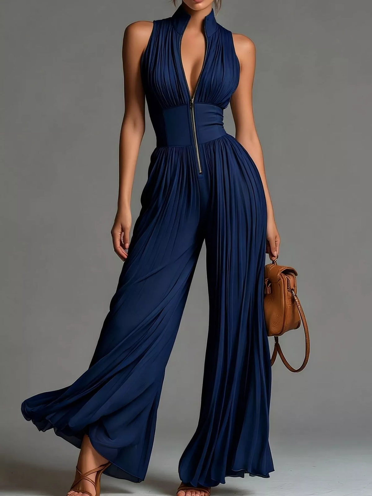 Sleeveless Pleated Wide-Leg Jumpsuit with Front Zipper