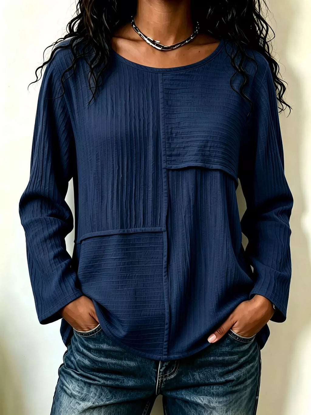 Textured Patchwork Long Sleeve Casual T-Shirt