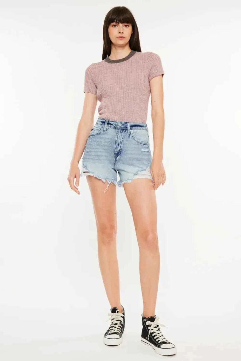 Distressed High Waist Denim Shorts with Pockets