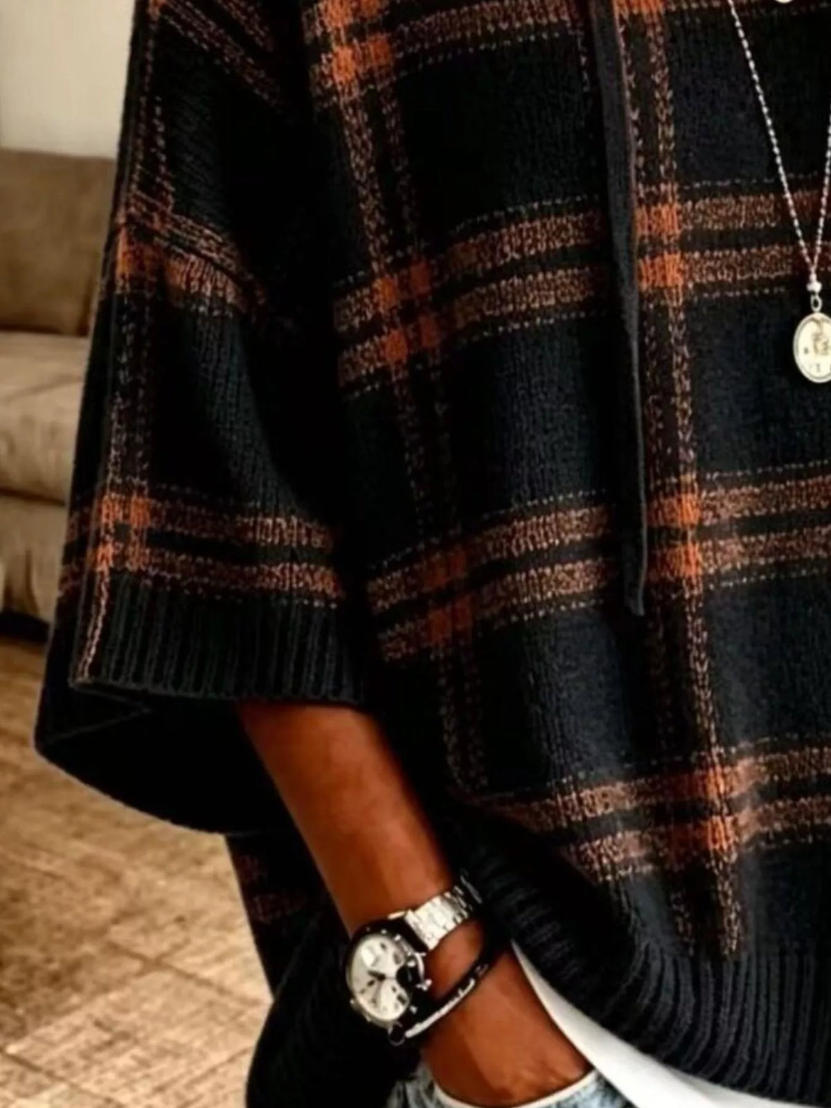 Full Size Drawstring Plaid Hooded Sweater Plus Size