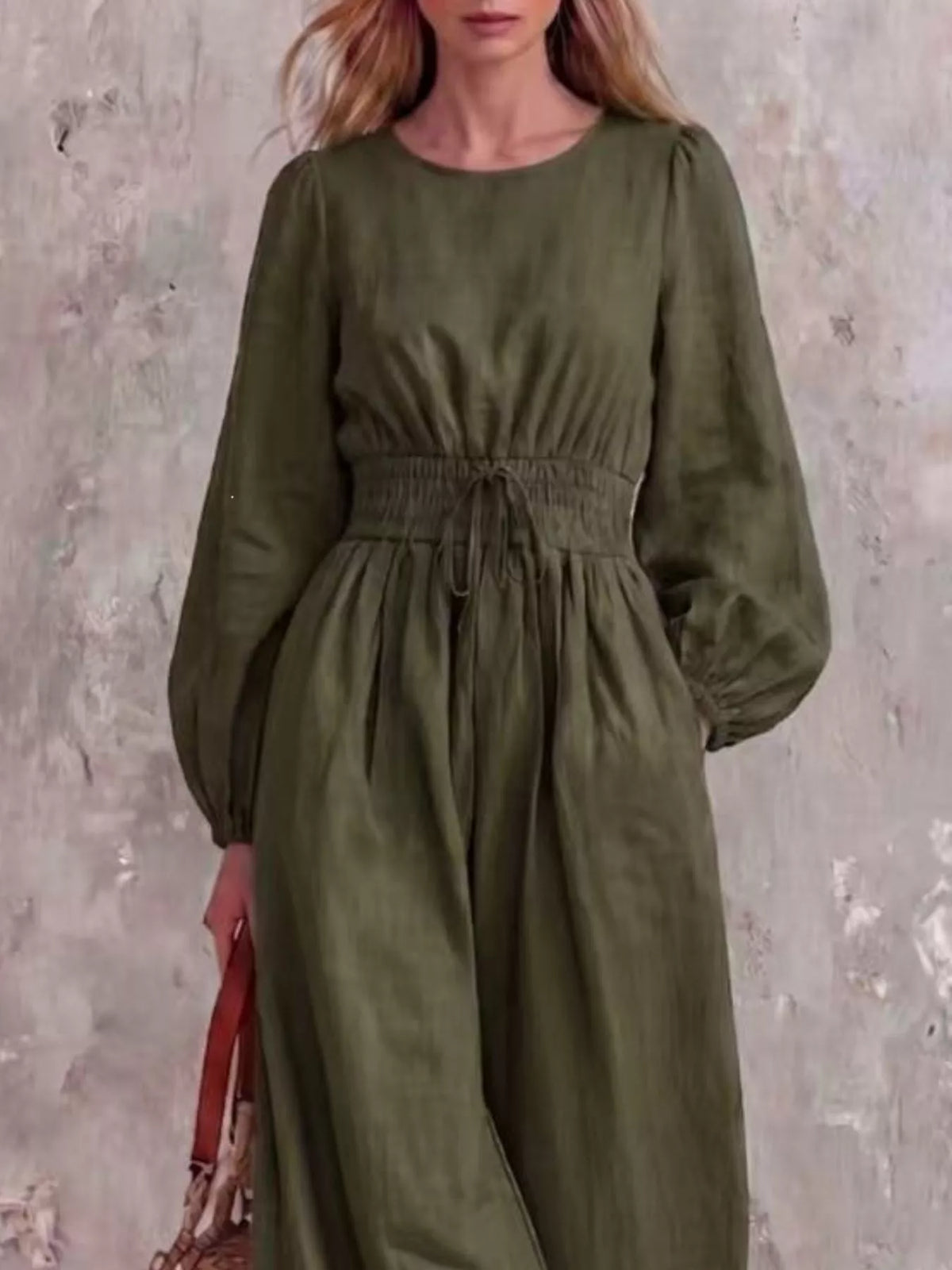 Smocked Waist Long-Sleeve Jumpsuit