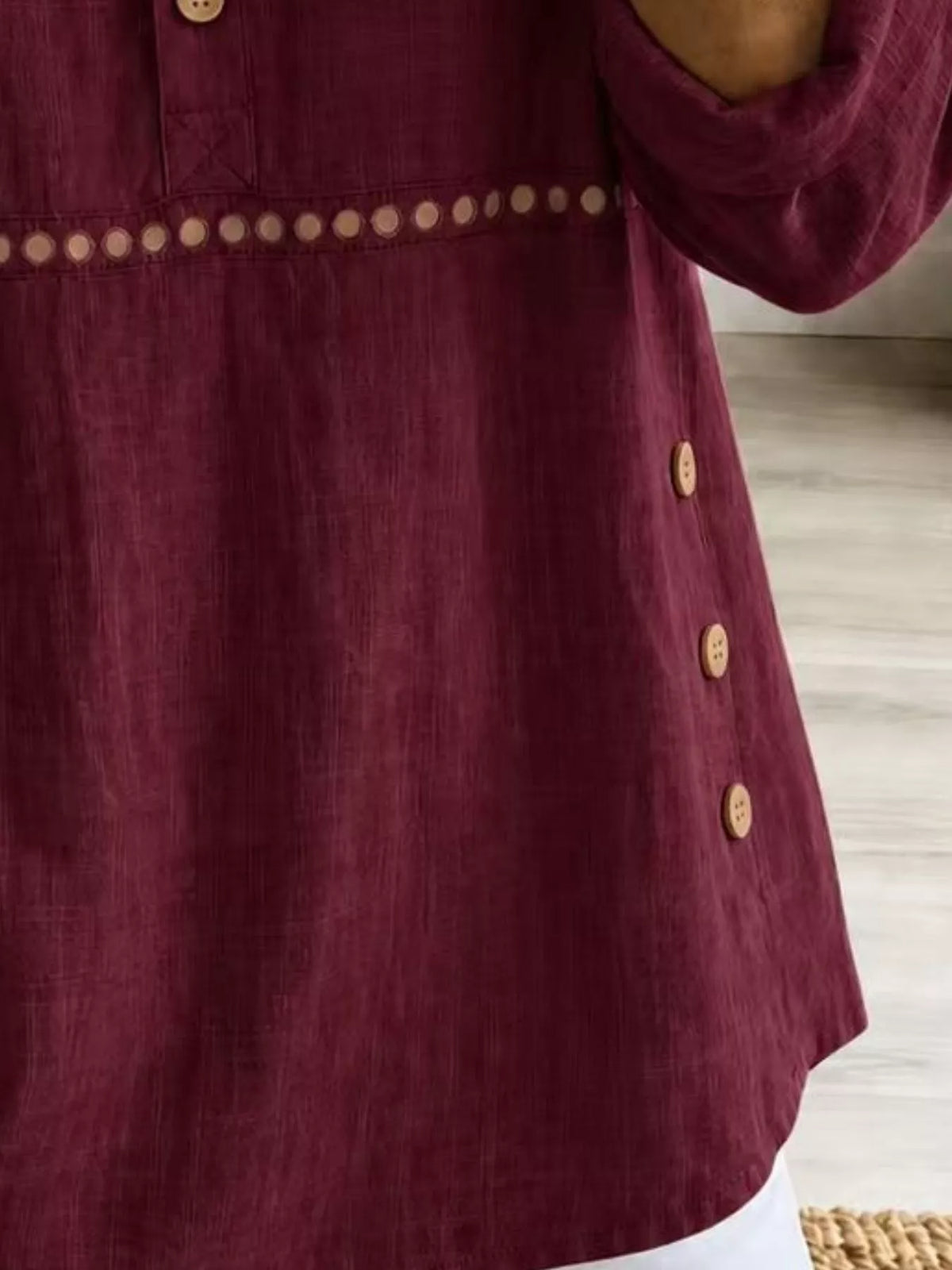 Full Size Button Detail Eyelet Long Sleeve Blouse Plus Size