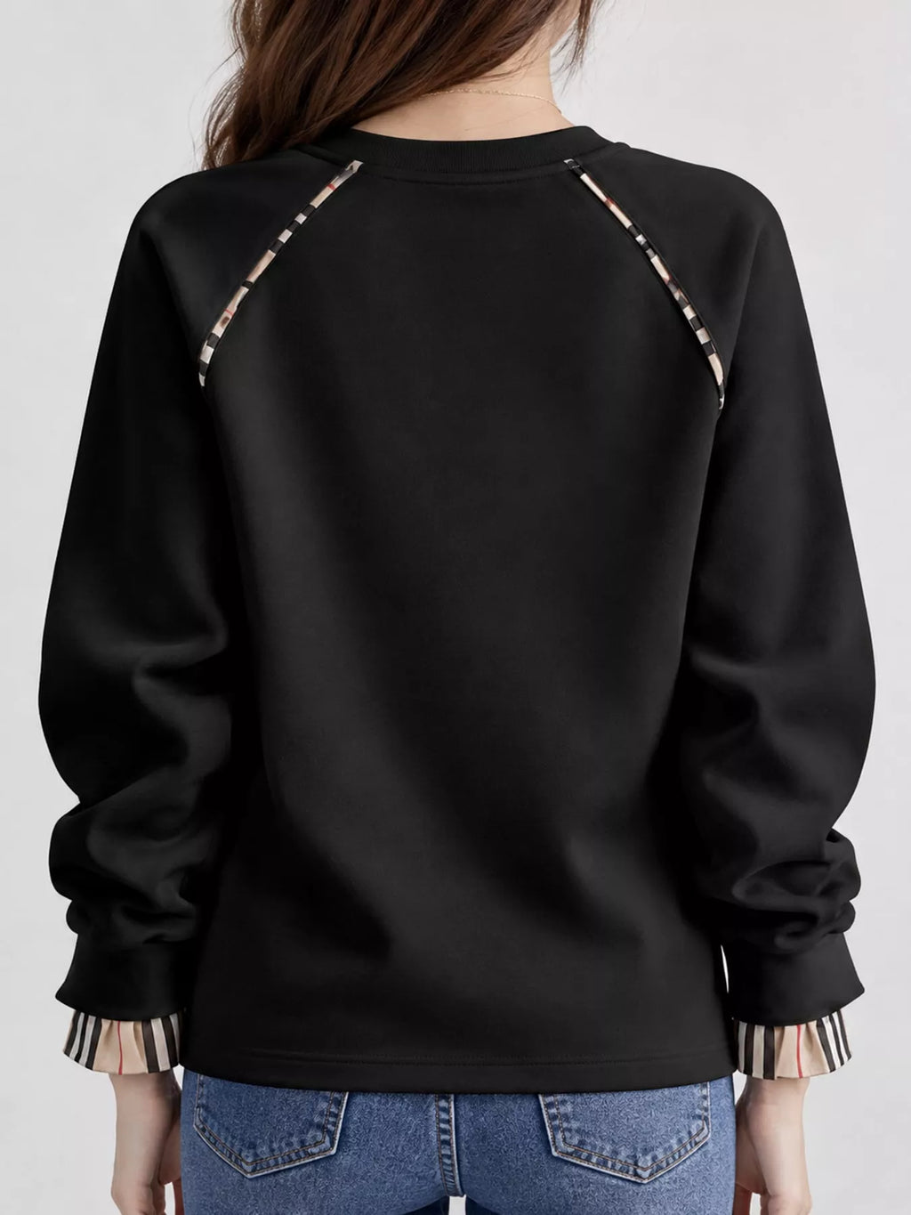 Plaid-Trimmed Crew Neck Sweatshirt