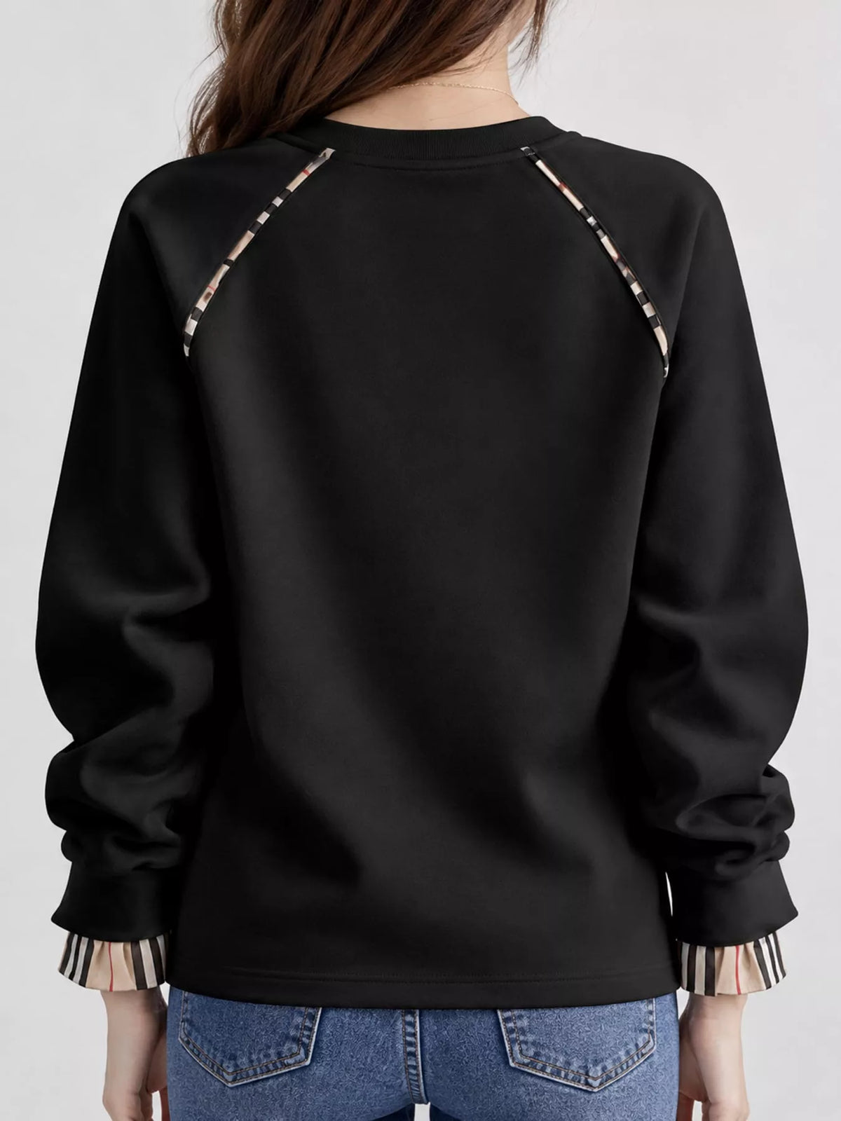 Plaid-Trimmed Crew Neck Sweatshirt