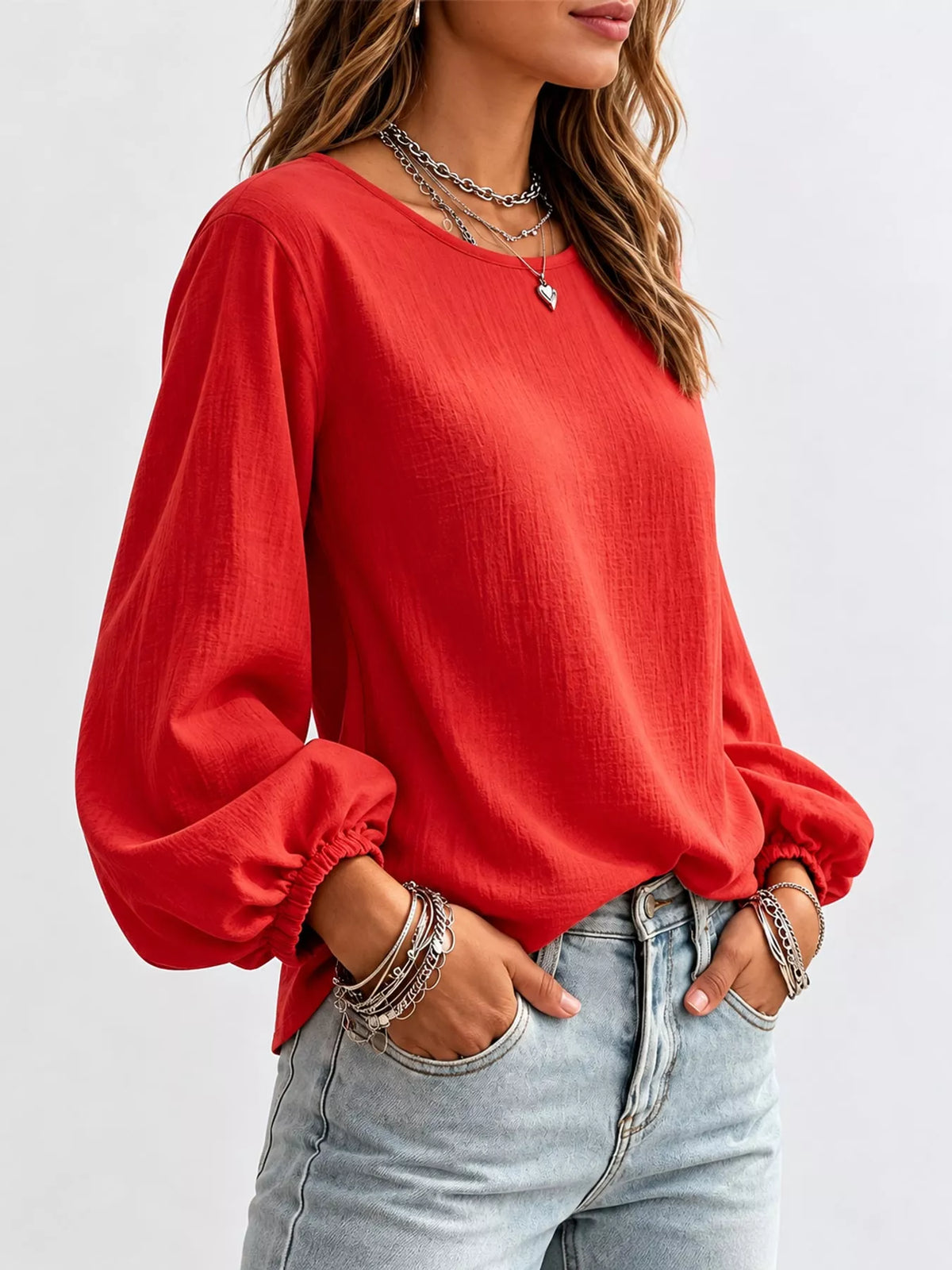 Full Size Elasticated Cuffs Long Sleeve Blouse Plus Size
