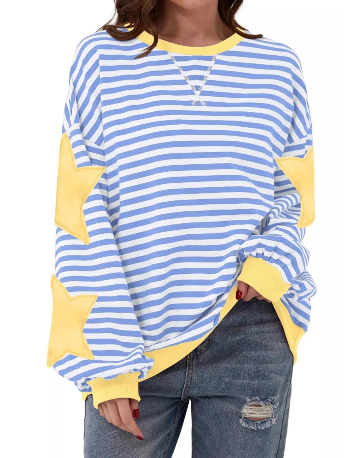 Full Size Star Patch Striped Oversized Sweatshirt Plus Size