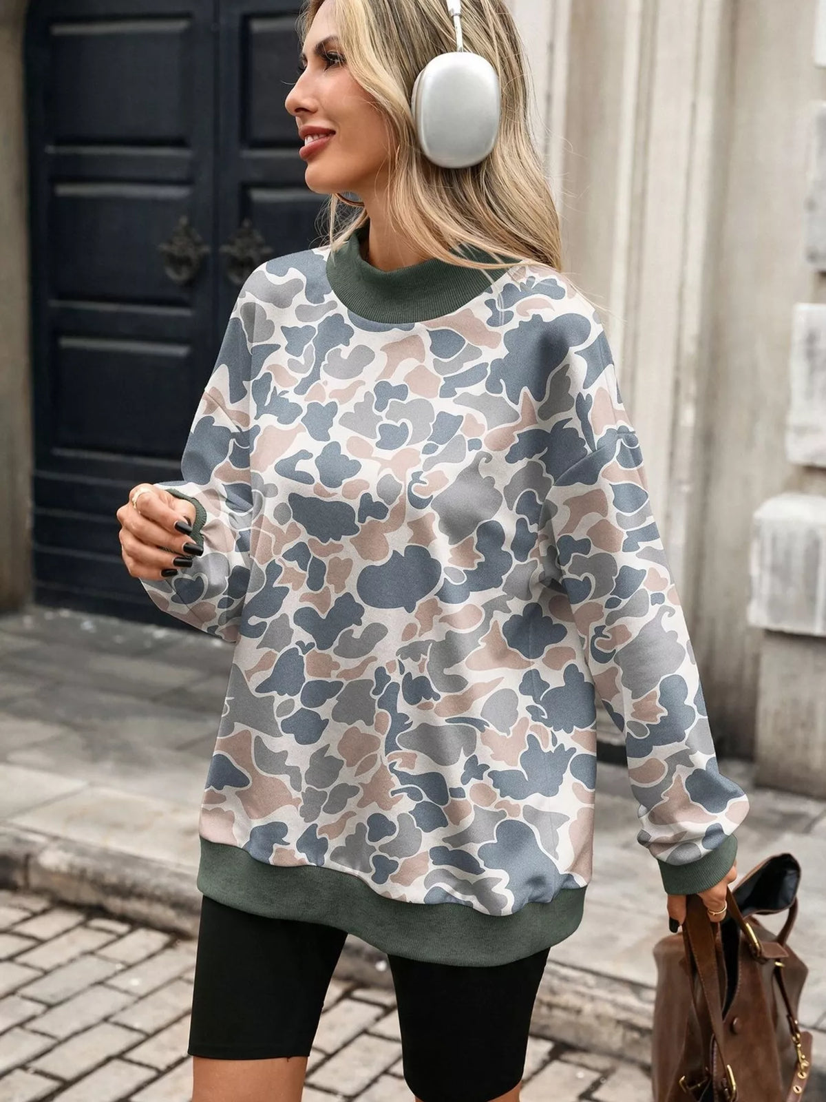 Camouflage Print Mock Neck Sweatshirt