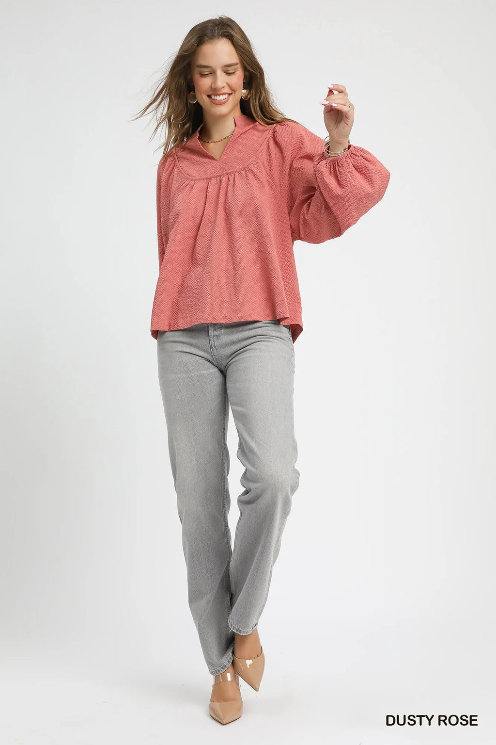 Umgee Textured Notched Blouse with Balloon Sleeves