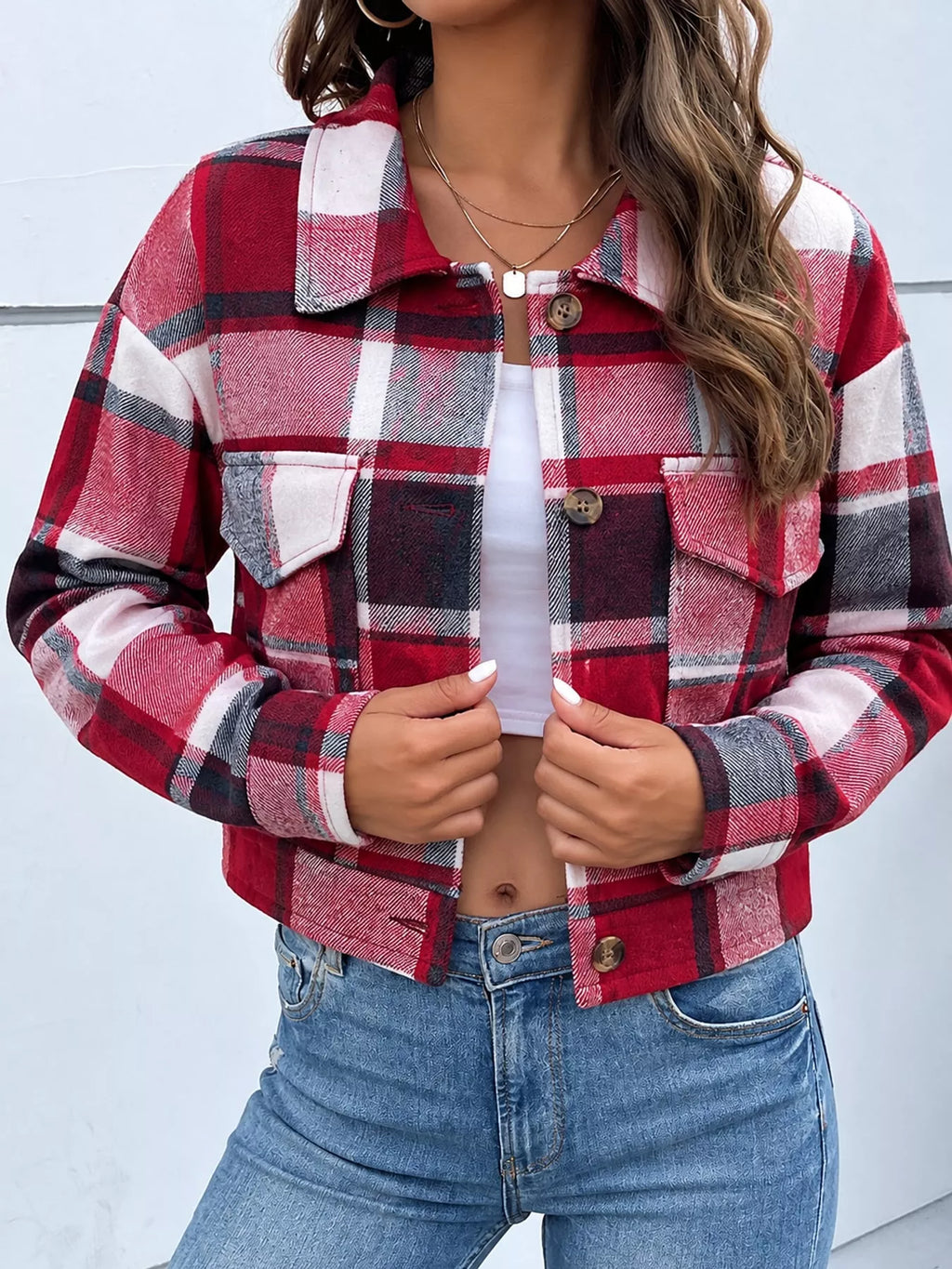 Plaid Button-Front Cropped Jacket