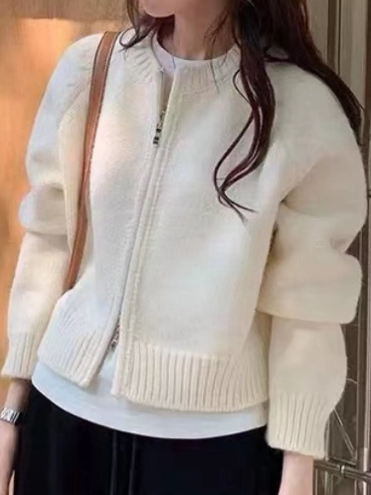 Ribbed Hem Zip-Up Cardigan