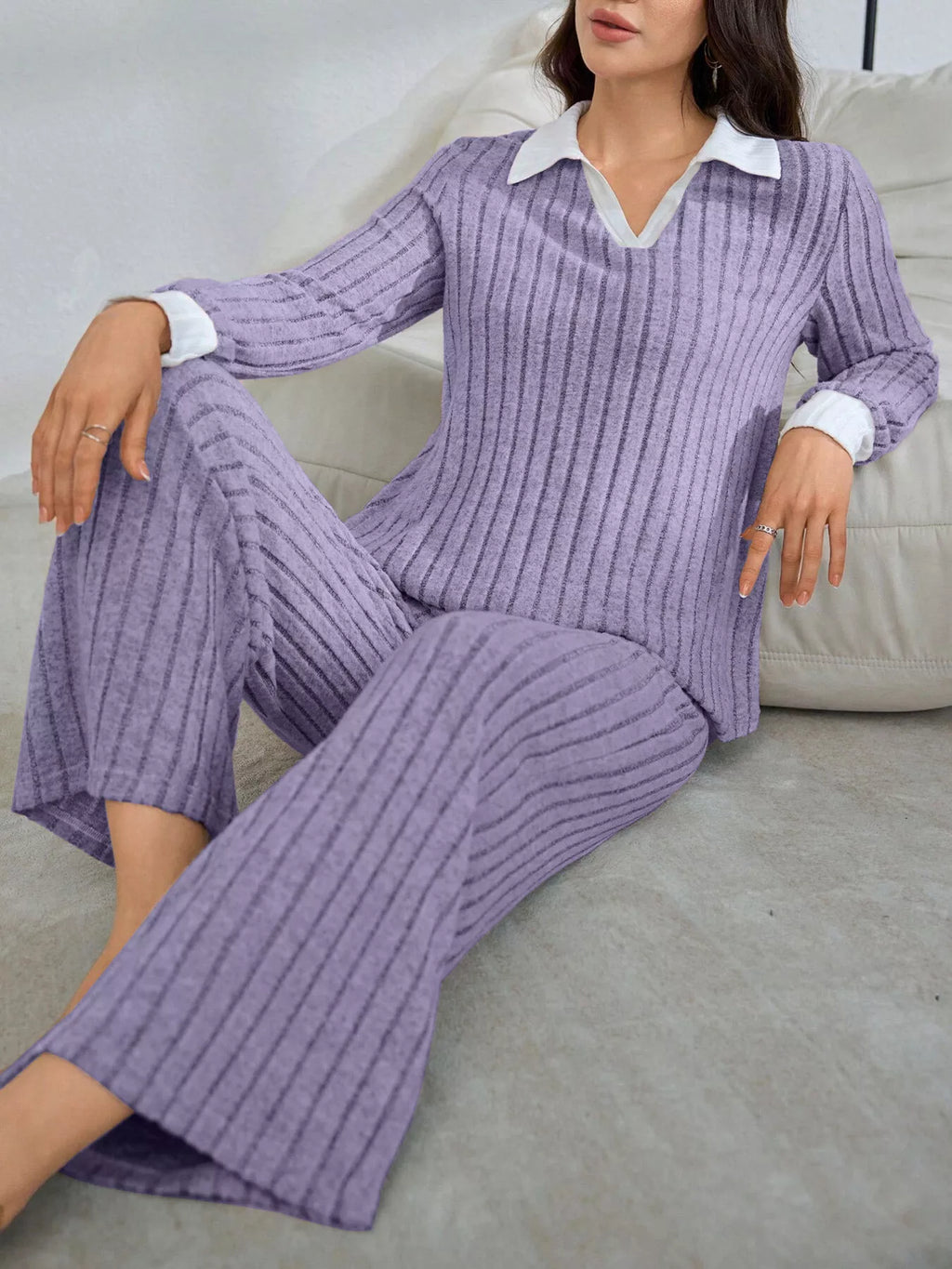 Ribbed Knit Polo Collar Top and Pants Lounge Set