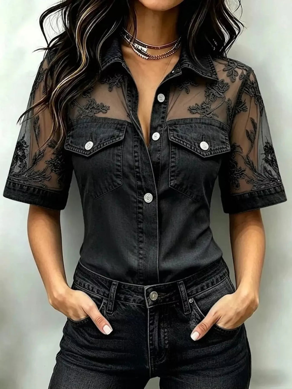 Full Size Denim Look Lace Short Sleeve Shirt Plus Size