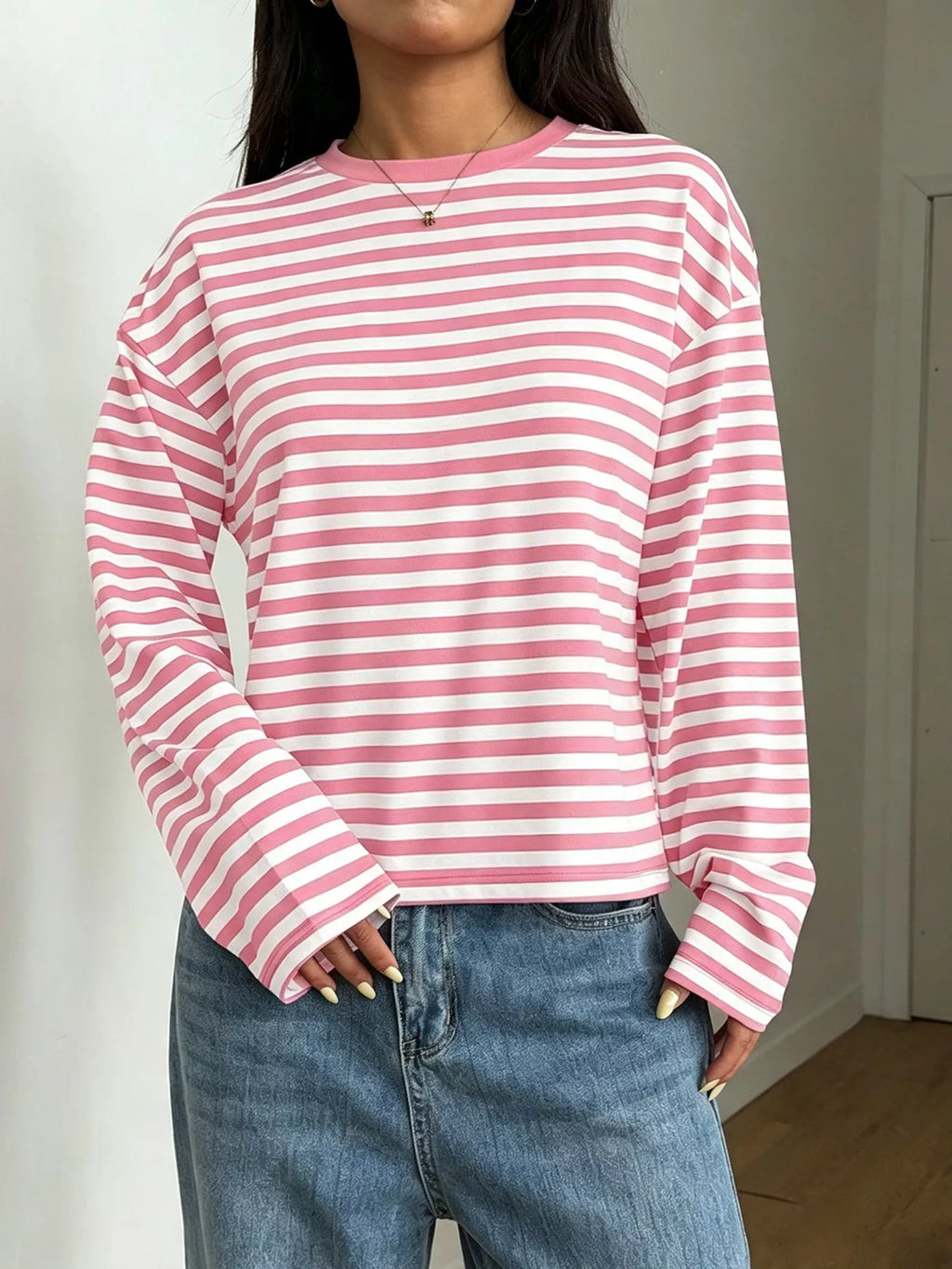 Full Size Casual Long-Sleeve Striped Crew Neck T-Shirt Plus Size