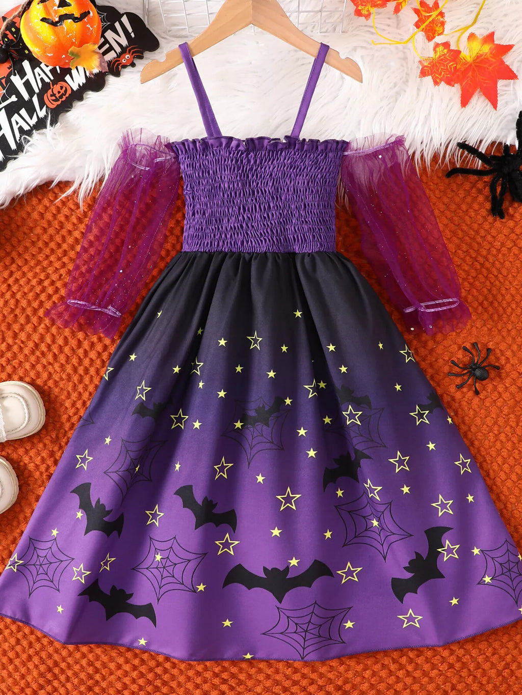 Children's Halloween Spaghetti Strap Romper with Tulle Sleeves and Starry Overlay