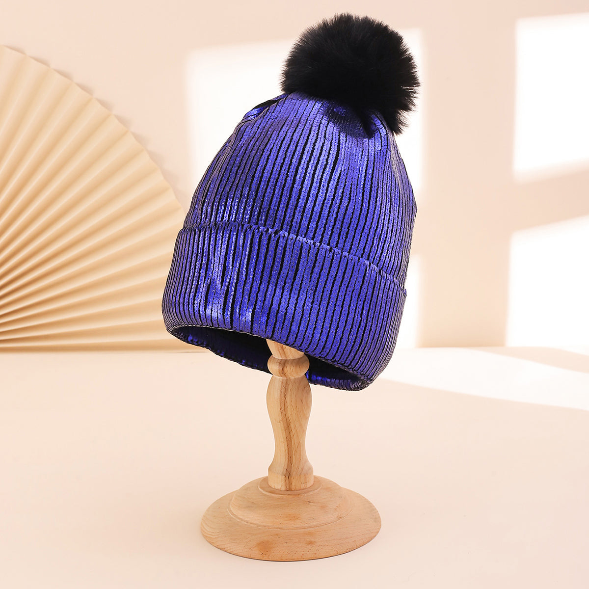 Colorful Stamped Gold Large Wooly Ball Knitted Hood For Autumn Winter With Vertical Stripes And Flared Edges  Warm And Stylish Knitted Hat