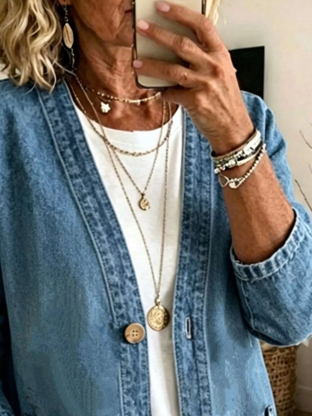V-Neck Button-Down Denim Jacket