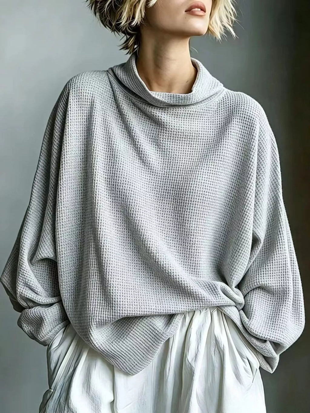 Full Size Oversized Waffle Knit Mock Neck T-Shirt Plus Size