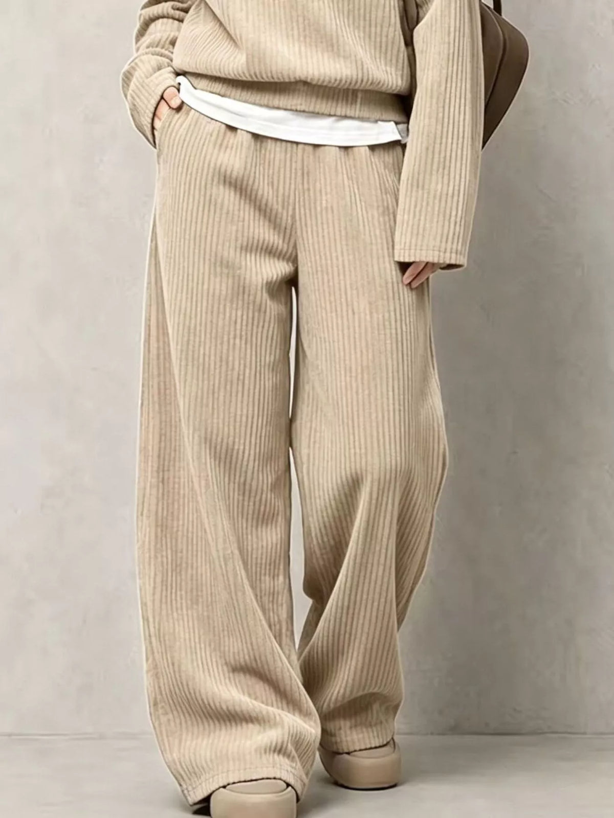 Corduroy Button Detail Top and Wide-Leg Pants Set