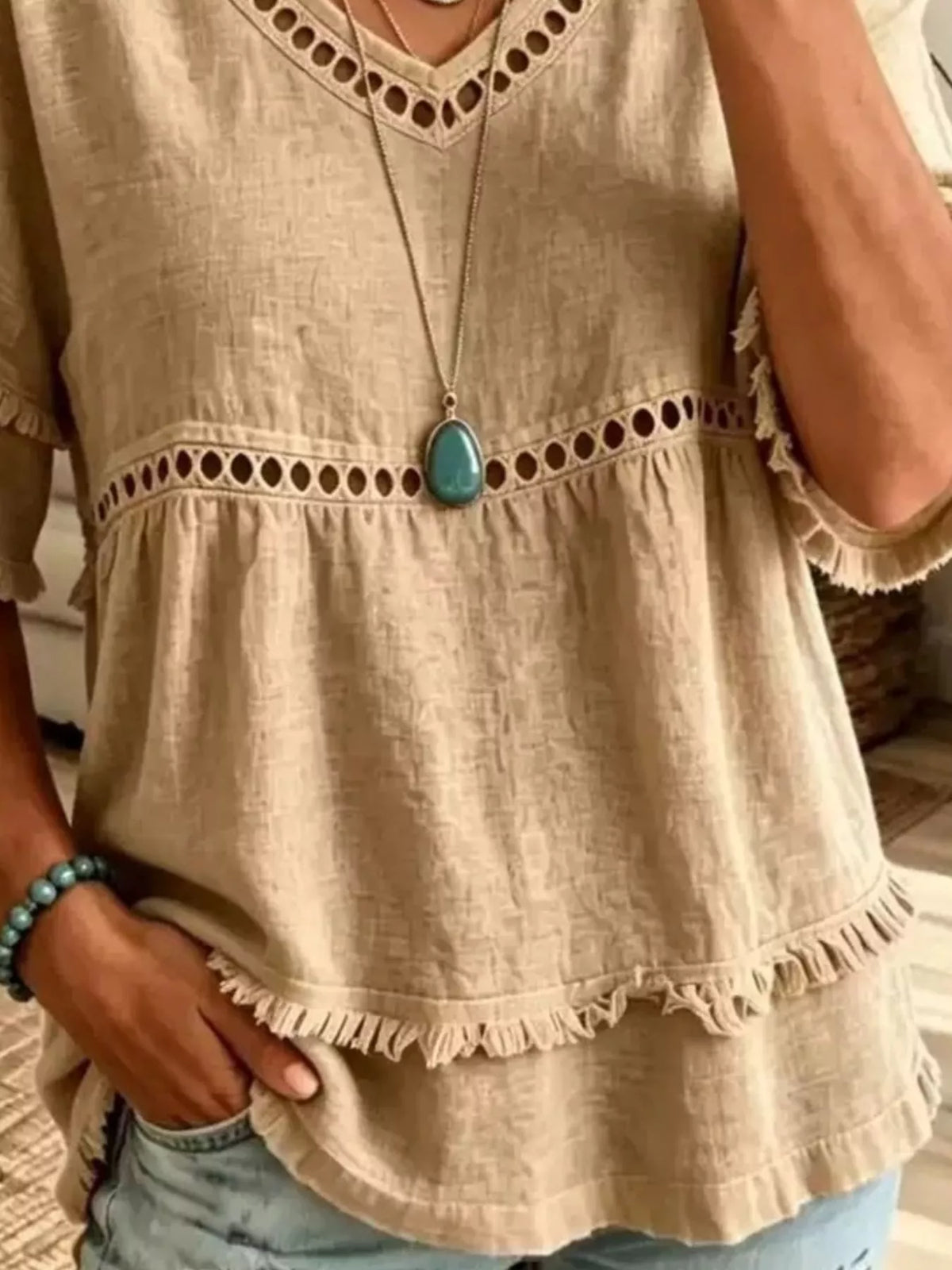 Eyelet V-Neck Frayed Edge T-Shirt