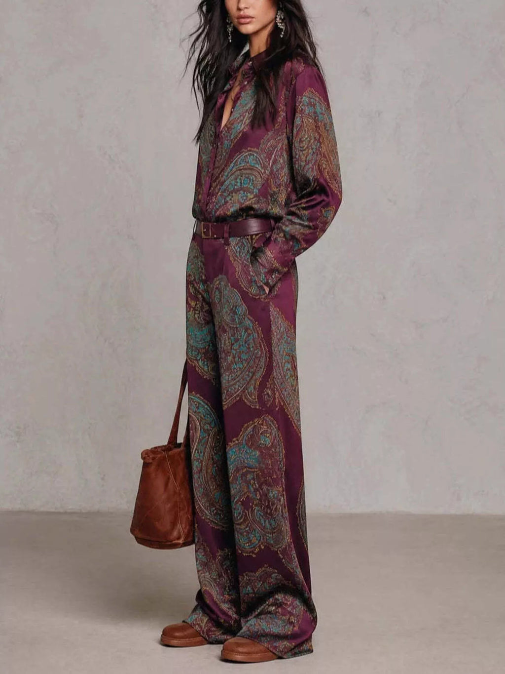 Paisley Print Long Sleeve Shirt and Wide-Leg Pants Set