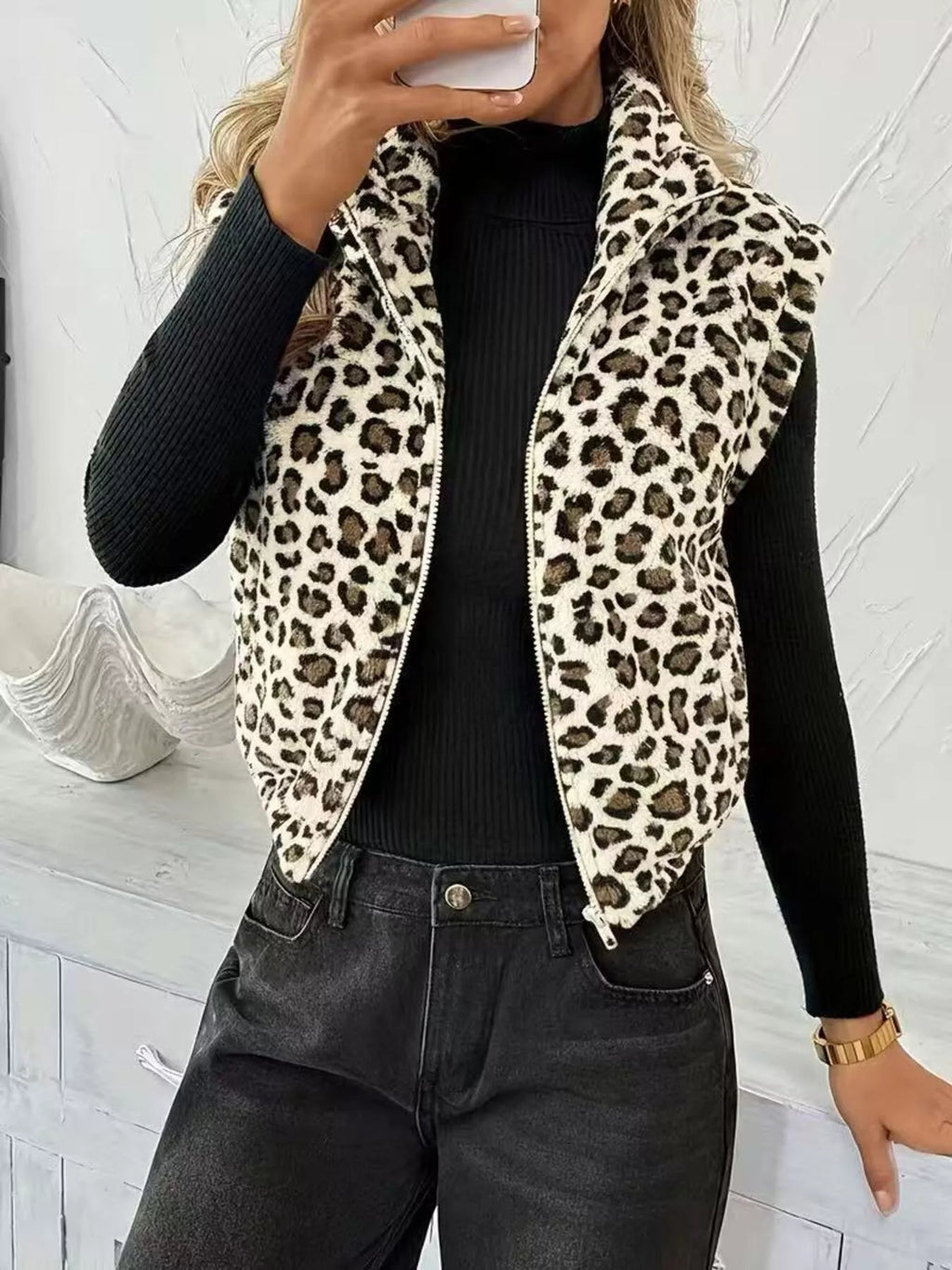 Animal Print Zip Up Vest Coat