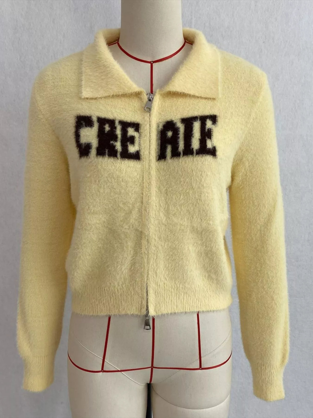 Fuzzy Letter Zip-Up Cardigan