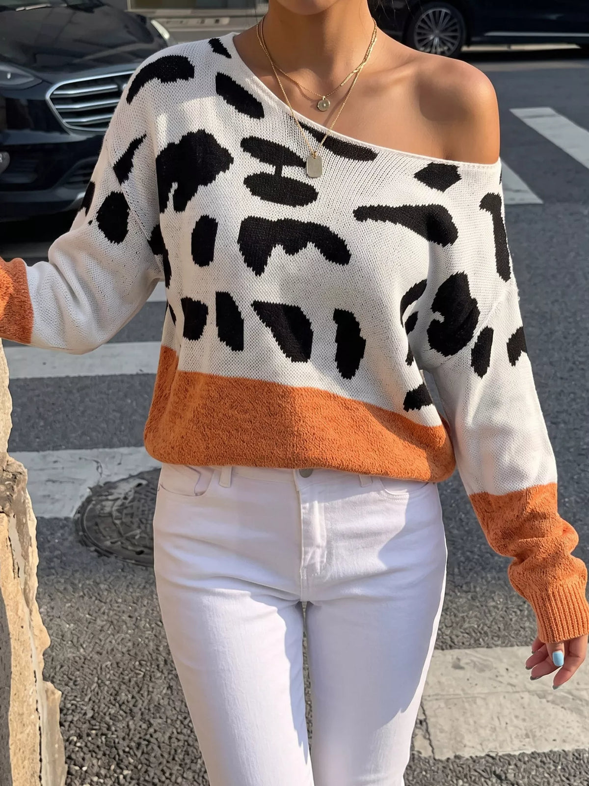 Full Size Off-Shoulder Colorblock Animal Print Sweater Plus Size