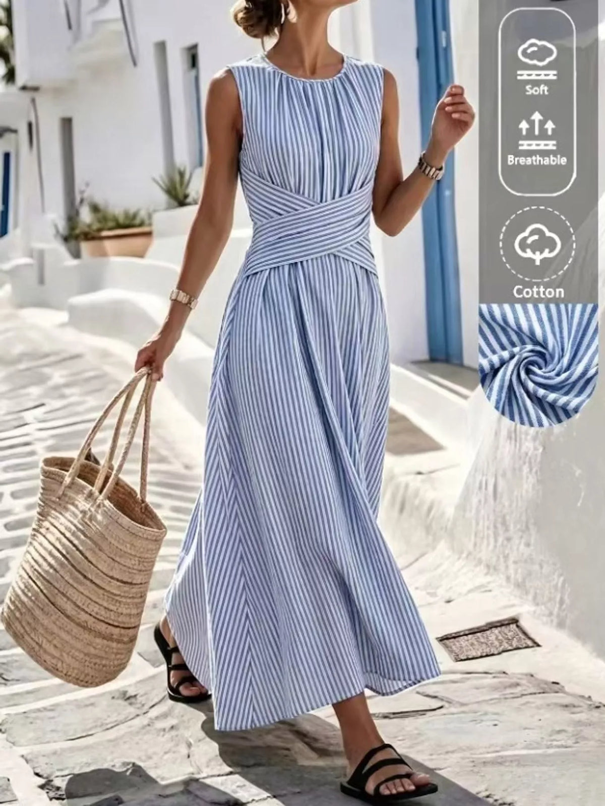Full Size Sleeveless Striped Maxi Dress with Criss-Cross Waist Detail Plus Size