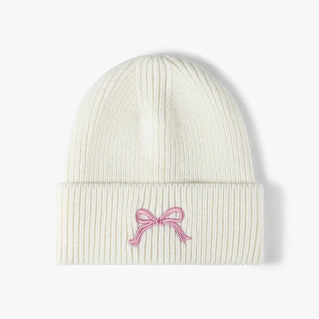 Embroidered Bow Ribbed Knit Beanie