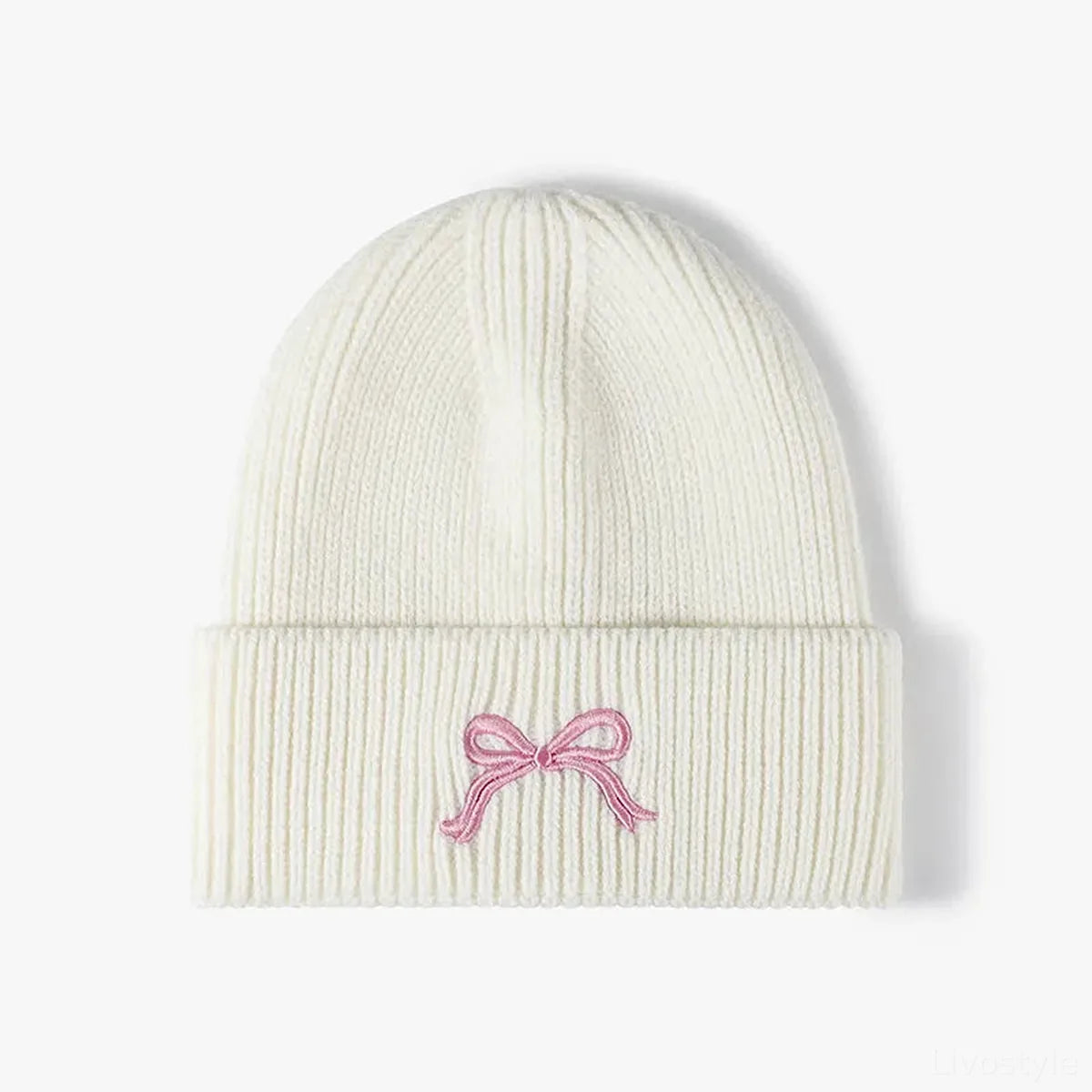 Embroidered Bow Ribbed Knit Beanie