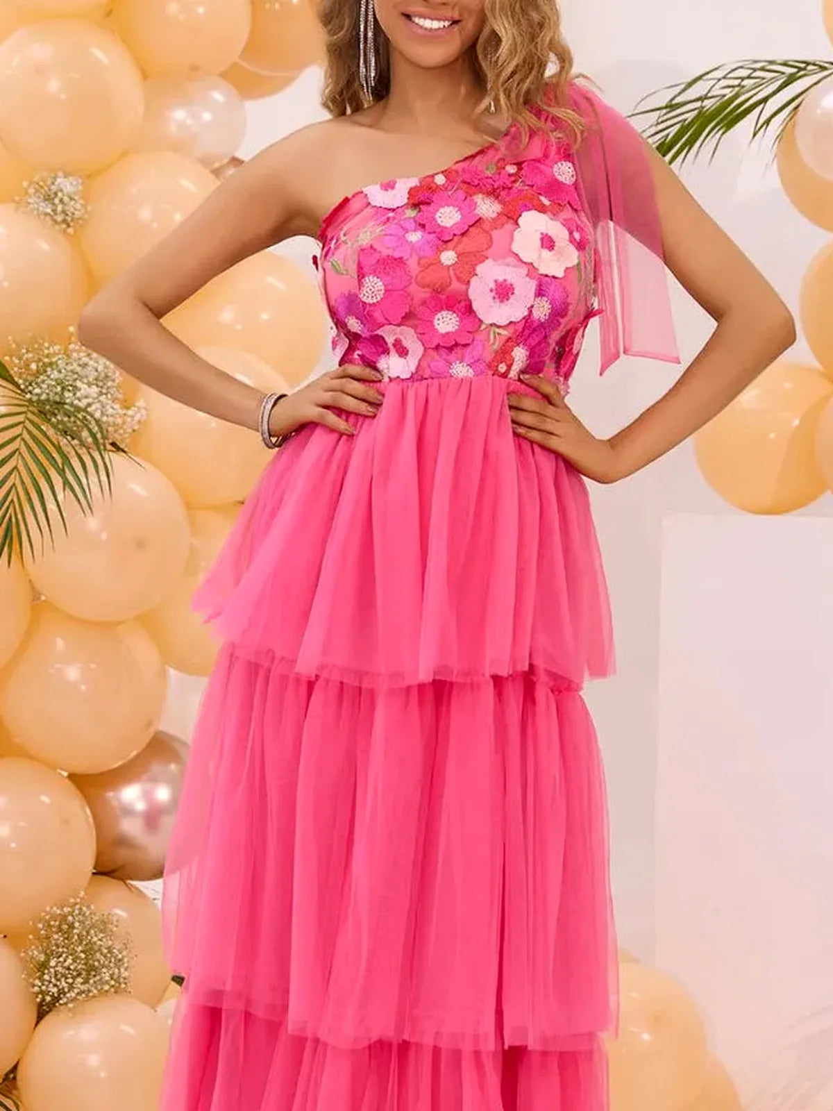 Embroidered Single Shoulder Midi Dress with Layered Design