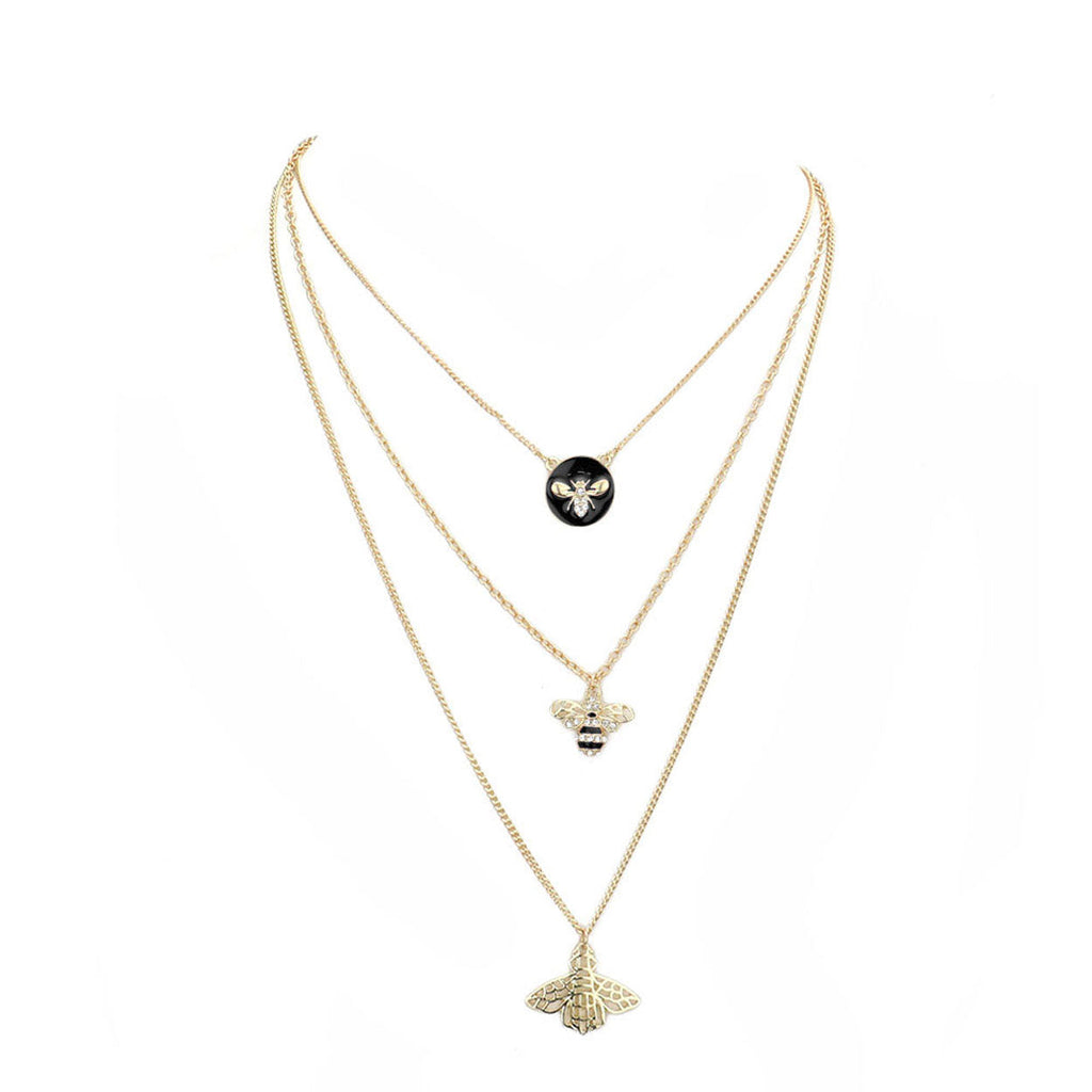 Enamel Rhinestone Honey Bee Pendant Triple Layered Necklace
