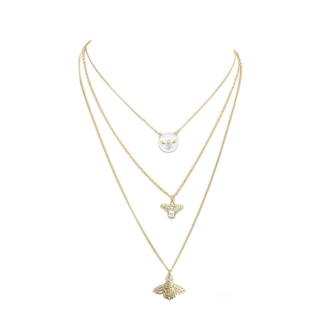 Enamel Rhinestone Honey Bee Pendant Triple Layered Necklace