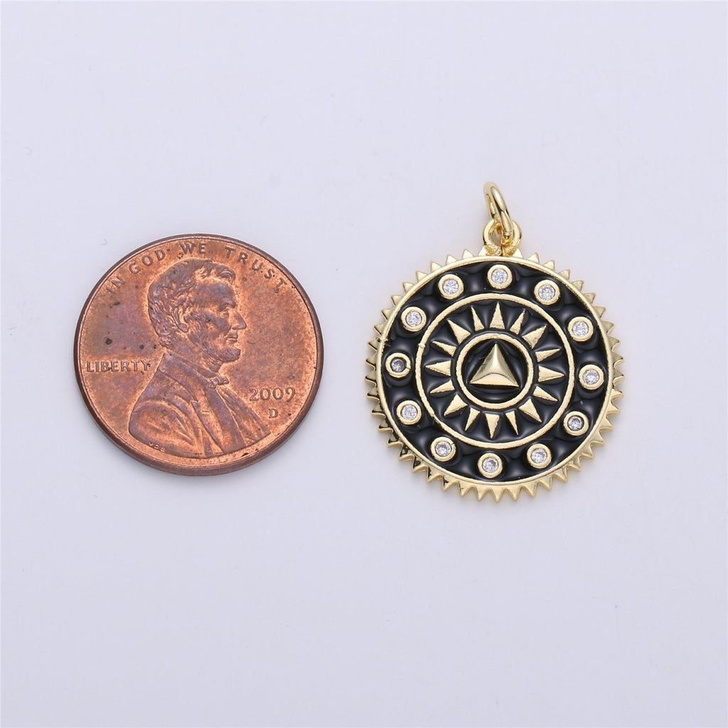 Enamel White and Black Medallion pendant, Coin charm, Gold fill SunBurst charm, 25x20mm C-611