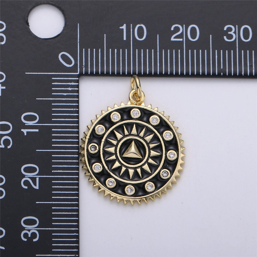 Enamel White and Black Medallion pendant, Coin charm, Gold fill SunBurst charm, 25x20mm C-611