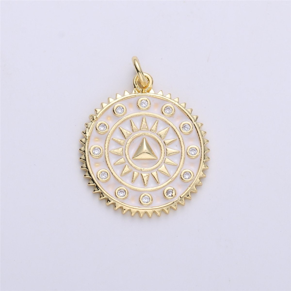 Enamel White and Black Medallion pendant, Coin charm, Gold fill SunBurst charm, 25x20mm C-611