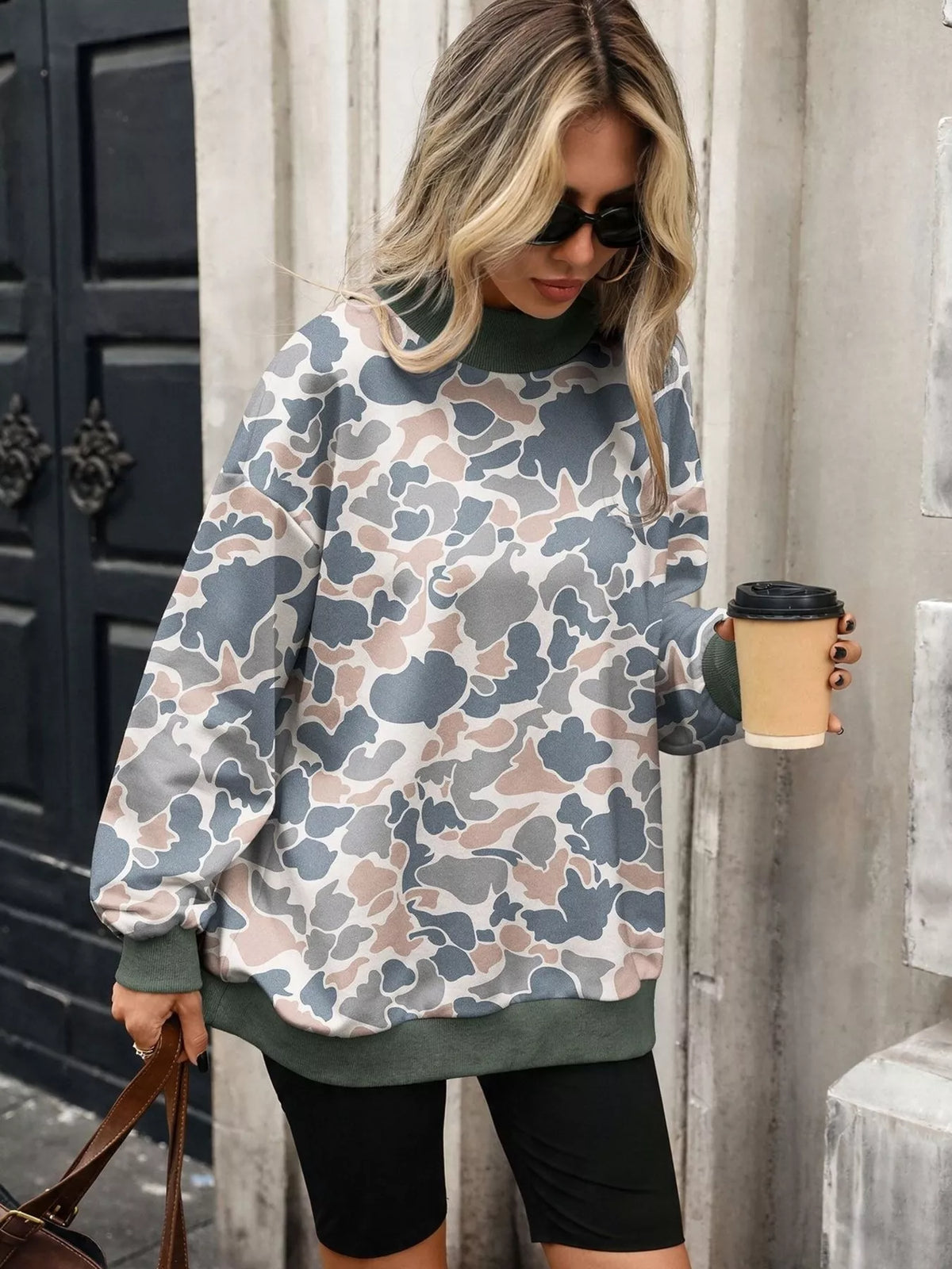 Camouflage Print Mock Neck Sweatshirt
