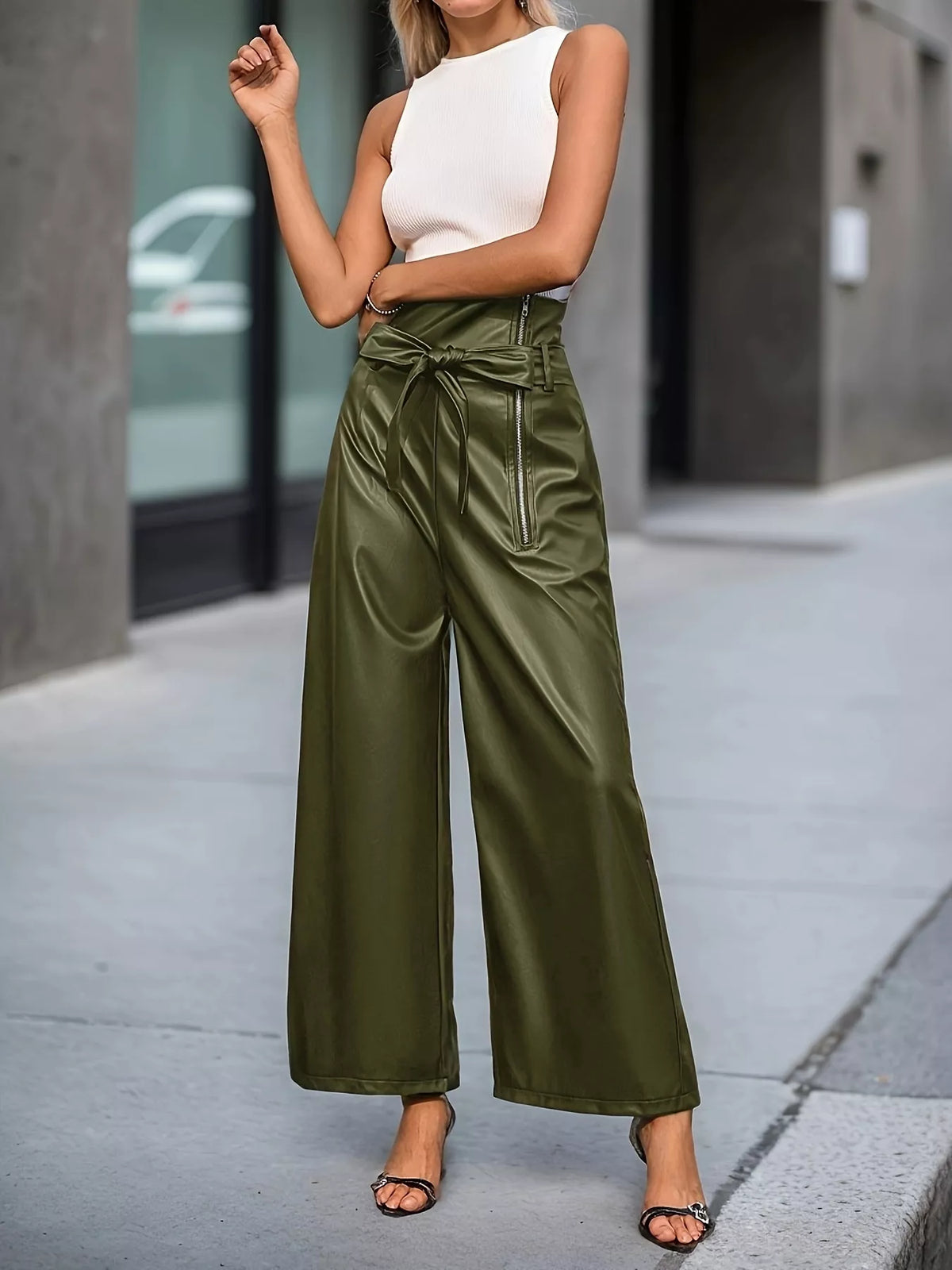High-Waisted Faux Leather Wide-Leg Pants with Tie-Waist and Zipper Detail