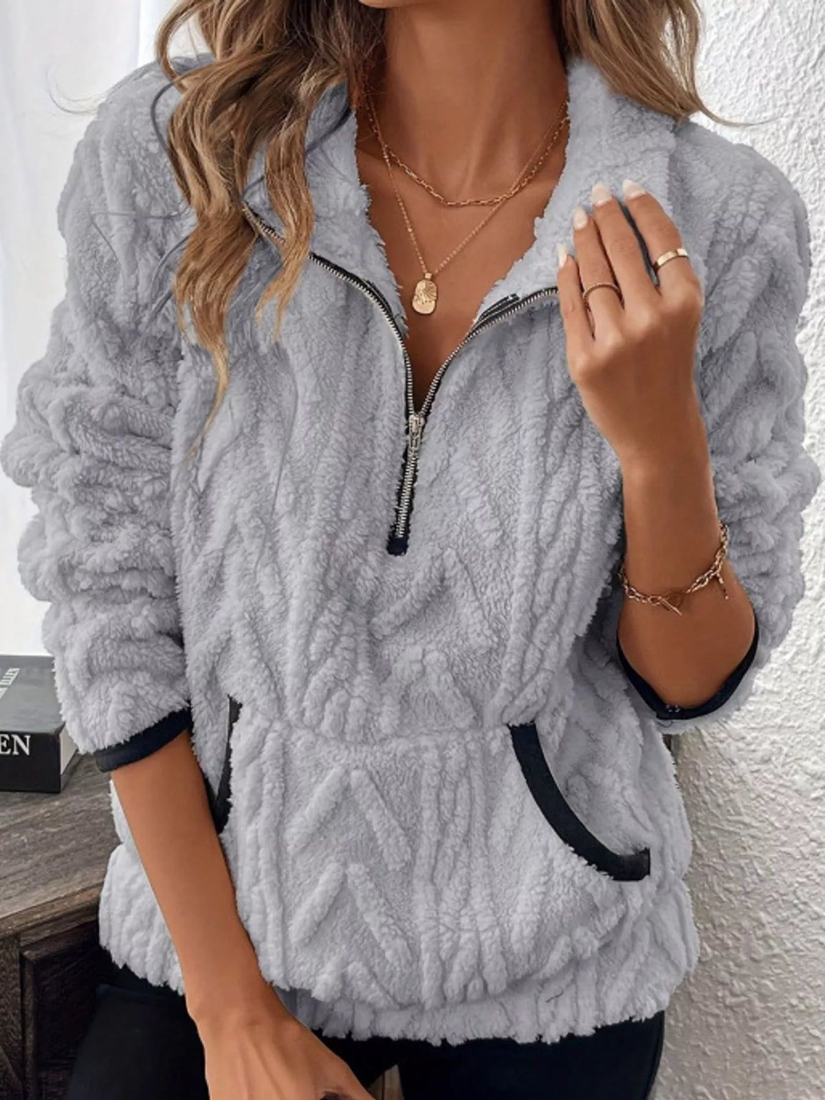 Full Size Quarter-Zip Sherpa Sweatshirt Plus Size