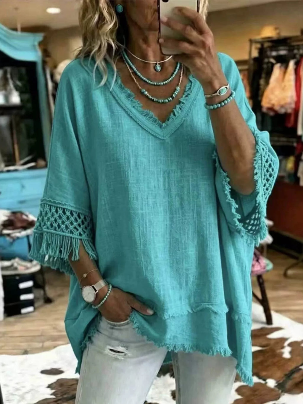Full Size Fringe Trim V-Neck Loose Fit Blouse Plus Size