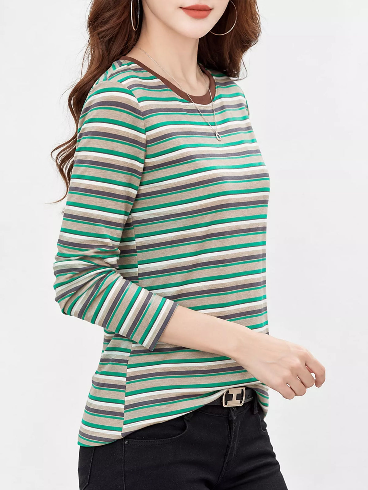 Full Size Long Sleeve Striped Crew Neck Casual T-Shirt Plus Size