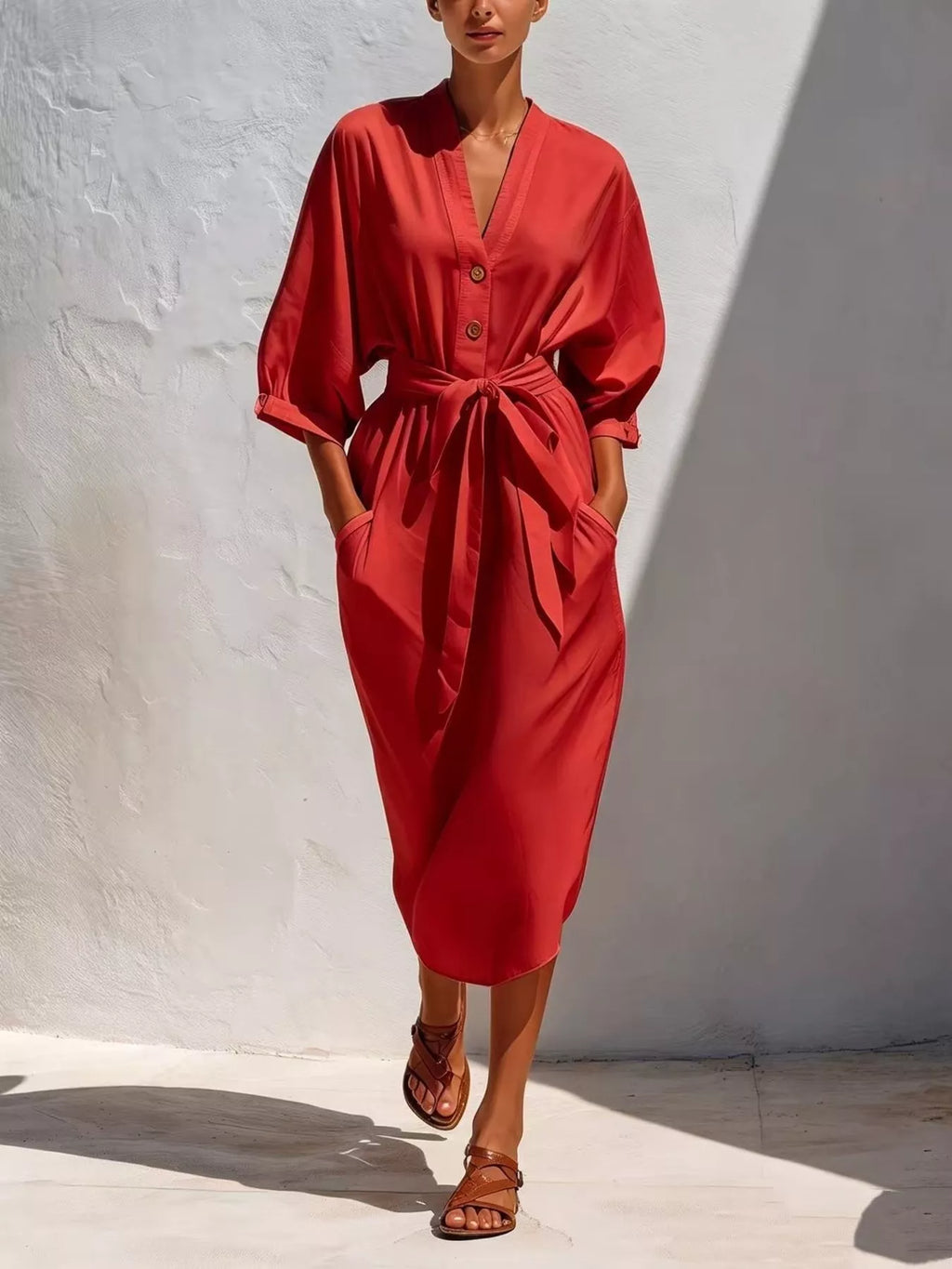 Full Size Tie Waist V-Neck Midi Dress Plus Size