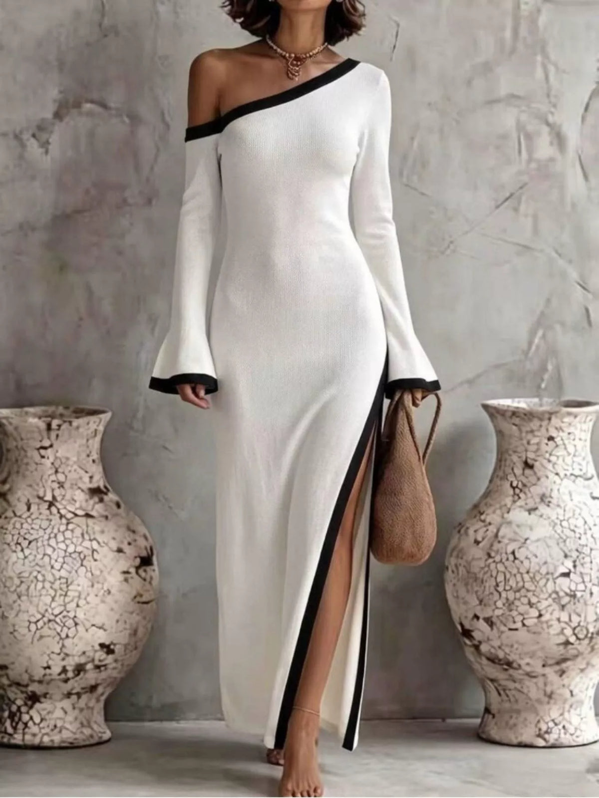 Slit One-Shoulder Contrast Trim Maxi Dress