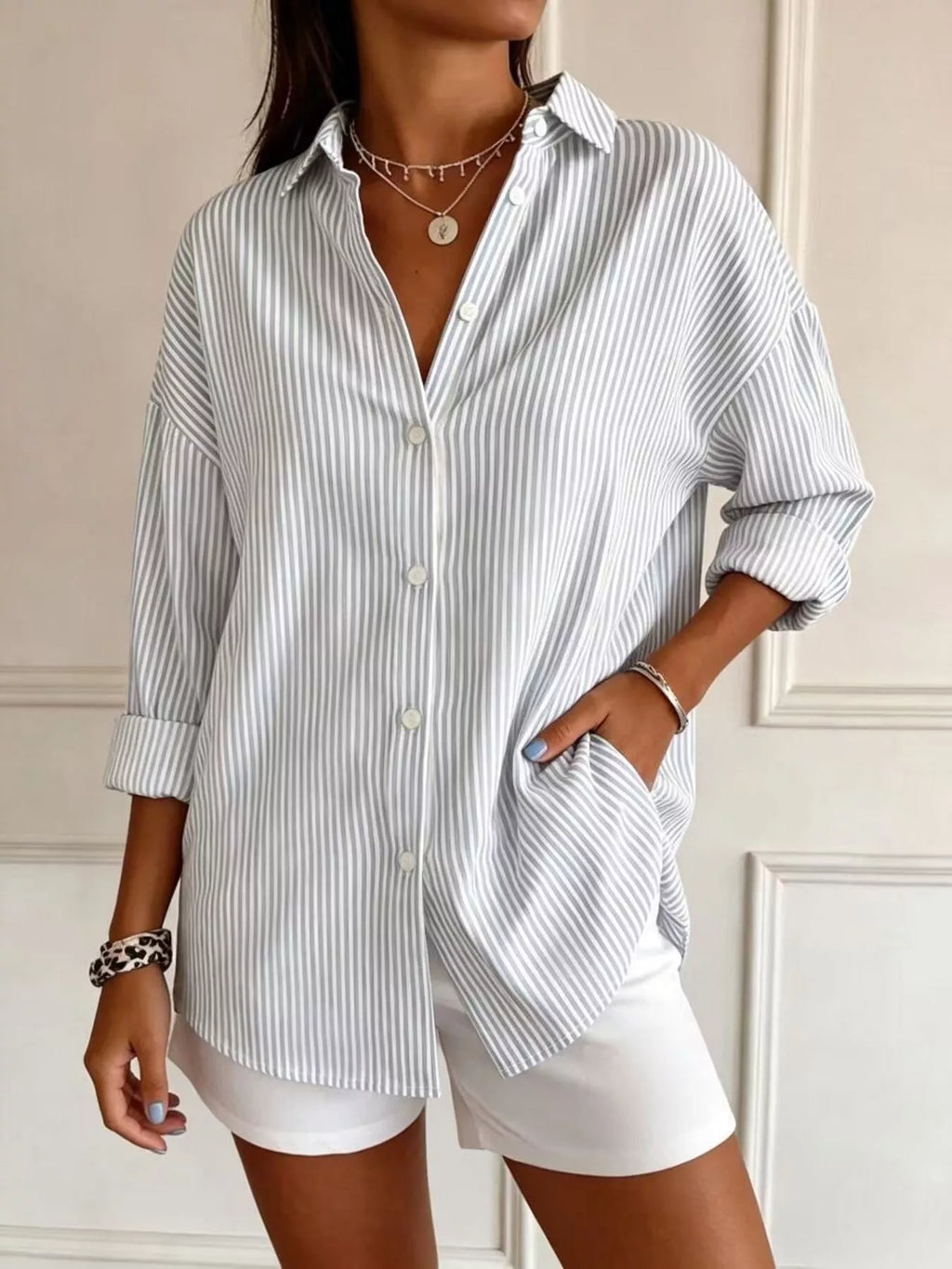 Full Size Striped Button-Down Long Sleeve Shirt Plus Size